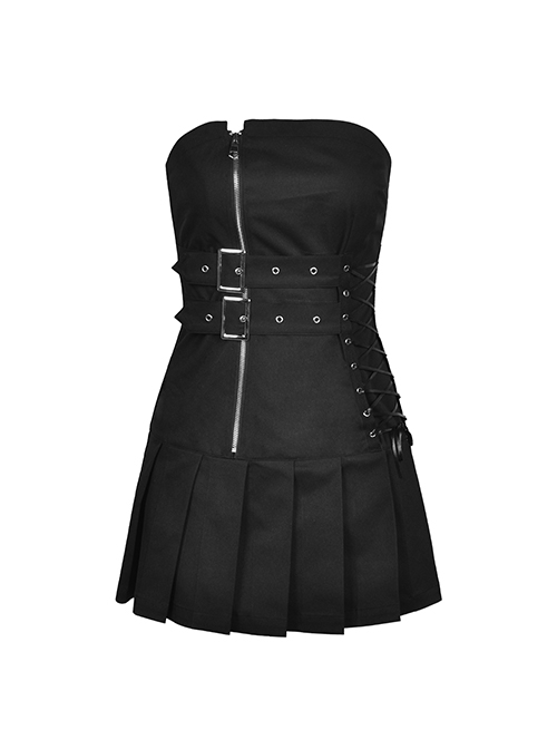 Punk Biker Style Cool Waist Cross Strap Black Sexy Tube Top Tight Mini Pleated Dress