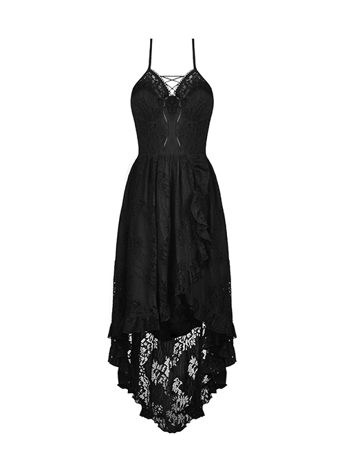 Gothic Style Retro Ruffled Low Collar Lace Short Front Long Back Hem Sexy Black Suspender Dress