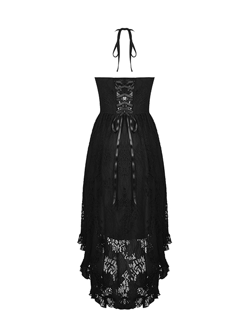 Gothic Style Retro Ruffled Low Collar Lace Short Front Long Back Hem Sexy Black Suspender Dress