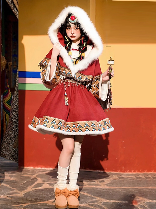 Wishing With God Series Chinese Style Tibetan Triangle Pattern Elements Red Sweet Lolita Dress Long Sleeve Coat Winter Cloak Set