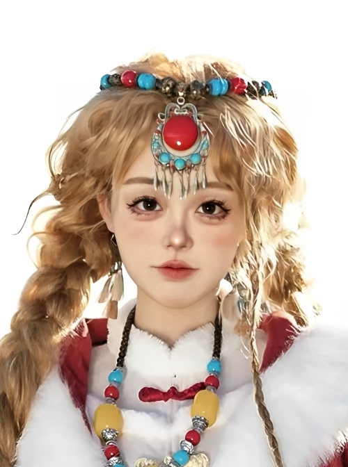 Wishing With God Series Chinese Ethnic Style Tibetan Silver Imitation Turquoise Cinnabar Classic Lolita Gemstone Headgear