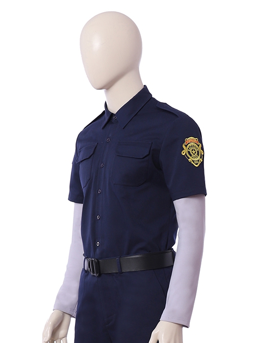 Resident Evil Biohazard Re 2 Halloween Cosplay Leon Scott Kennedy Costume Dark Blue Short Sleeve Shirt
