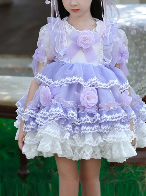 Summer Purple Gorgeous Flower Fairy Ruffled Crew Neck Kid High Waist Sweet Lolita Girl Puff Sleeve Mesh Dress