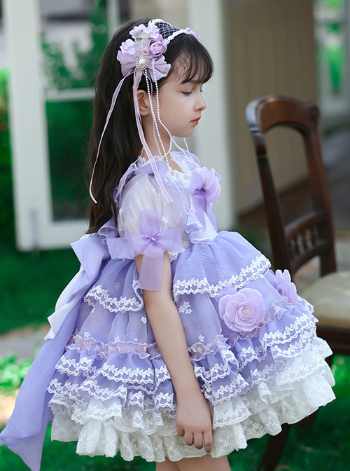 Summer Purple Gorgeous Flower Fairy Ruffled Crew Neck Kid High Waist Sweet Lolita Girl Puff Sleeve Mesh Dress