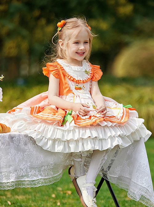 Summer Juice Pastoral Style Apron Bunny Persimmon Embroidery Sweet Lolita Ruffles Little Flying Sleeves Kid Dress