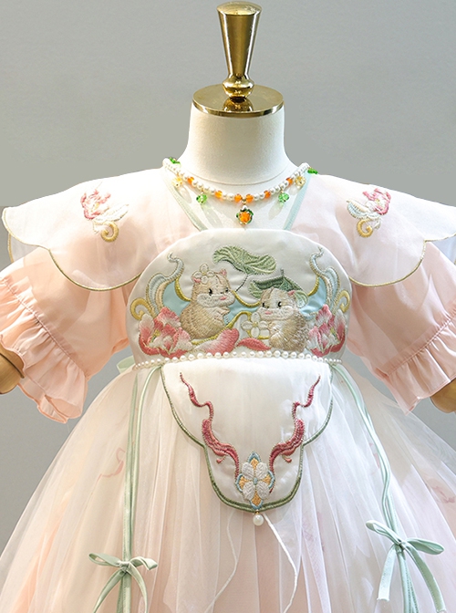 Cute New Chinese Folk Style Pink Flower Fairy Lotus Leaf Hamster Embroidery Cloud Shoulder Sweet Lolita Chiffon Kid Dress