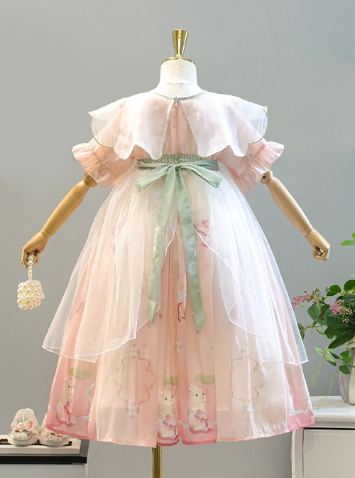Cute New Chinese Folk Style Pink Flower Fairy Lotus Leaf Hamster Embroidery Cloud Shoulder Sweet Lolita Chiffon Kid Dress