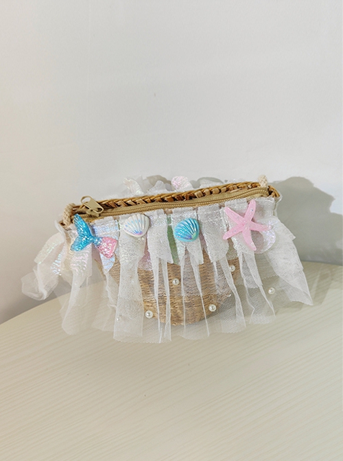 Summer Ins Style Straw Vine Mermaid Beach Vacation Shell Starfish Pearl Lace Yarn Single Strap Crossbody Classic Lolita Bag