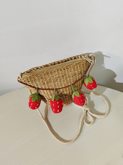 Summer Straw Vine Vacation Pastoral Style Strawberry Pendant Ins Style Single Strap Crossbody Classic Lolita Bag