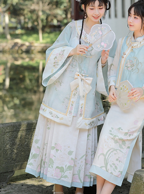 Chinese Style Qing Hanfu Orchid Embroidery Improved Gentle Missy Cheongsam Wide Sleeve Round Neck Coat Horse Face Skirt Set