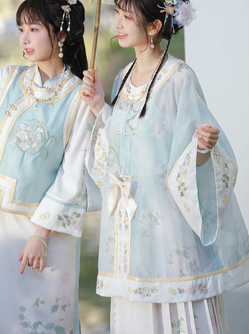 Chinese Style Qing Hanfu Orchid Embroidery Improved Gentle Missy Cheongsam Wide Sleeve Round Neck Coat Horse Face Skirt Set
