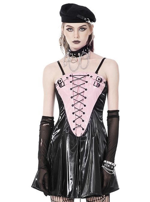 Punk Style Sweet Cool Cross Strap Sexy Suspender Tube Top Shiny PU Leather Black And Pink Mini Dress