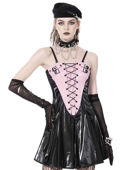 Punk Style Sweet Cool Cross Strap Sexy Suspender Tube Top Shiny PU Leather Black And Pink Mini Dress