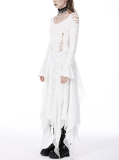 Gothic Style Sexy Hollow Waist And Shoulders Irregular Hem White Long Sleeve Ghost Dress