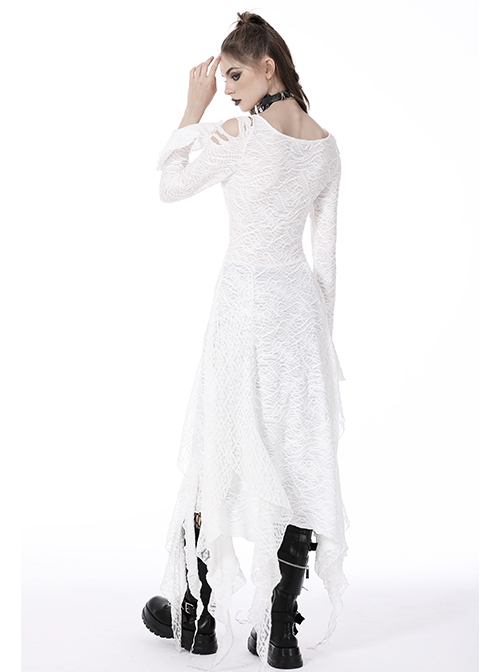 Gothic Style Sexy Hollow Waist And Shoulders Irregular Hem White Long Sleeve Ghost Dress