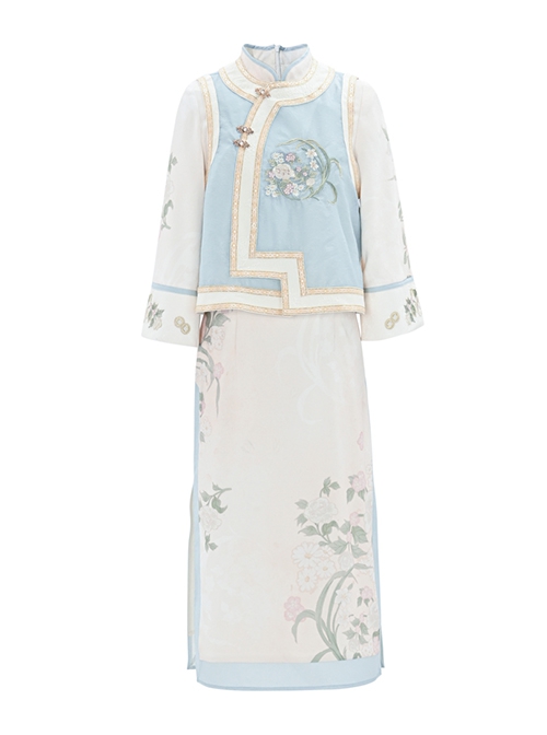 New Chinese Style Hanfu Light Blue Orchid Print Embroidery Improved Gentle Missy Vest Long Sleeve Cheongsam Dress Set