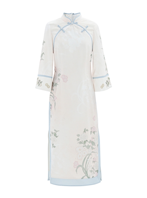 New Chinese Style Hanfu Light Blue Orchid Print Embroidery Improved Gentle Missy Vest Long Sleeve Cheongsam Dress Set