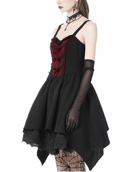 Gothic Style Retro Lace Neckline Red Velvet Bowknot Decoration Elegant Suspender Black Short Dress