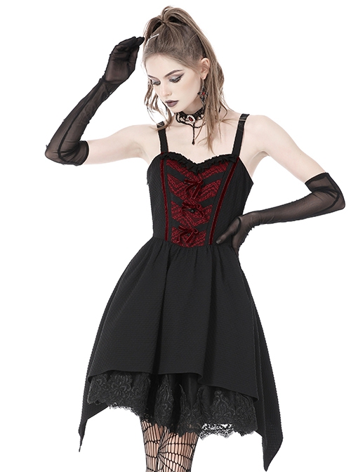 Gothic Style Retro Lace Neckline Red Velvet Bowknot Decoration Elegant Suspender Black Short Dress