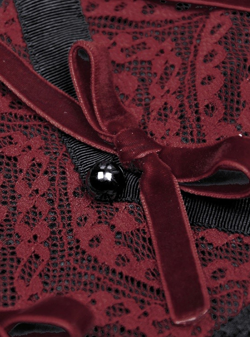 Gothic Style Retro Lace Neckline Red Velvet Bowknot Decoration Elegant Suspender Black Short Dress