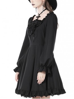 Gothic Style Cross Halter Neck Design Ruffles On The Chest Sexy Backless Black Long Sleeves Short Dress