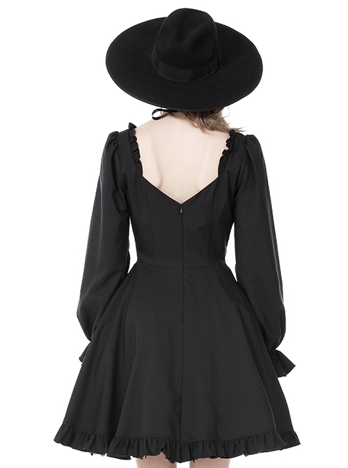 Gothic Style Cross Halter Neck Design Ruffles On The Chest Sexy Backless Black Long Sleeves Short Dress