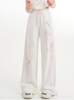 Angel Lamb Print Sporty Style White Daily Casual Versatile Kawaii Fashion Loose Straight Tube Wide Leg Pants