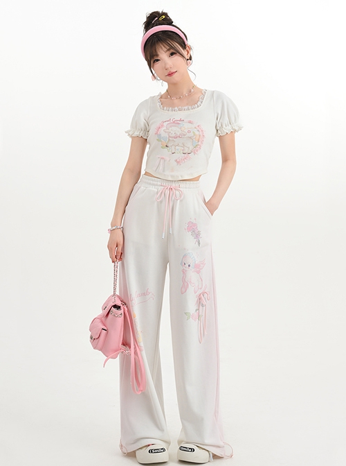 Angel Lamb Print Sporty Style White Daily Casual Versatile Kawaii Fashion Loose Straight Tube Wide Leg Pants