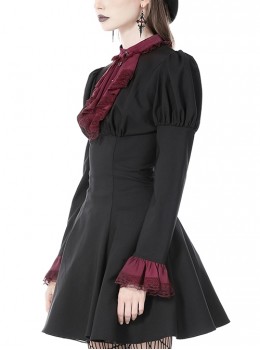 Dark Gothic Style Retro Burgundy Frill Collar Palace Puff Long Sleeves Black Slim Short Dress