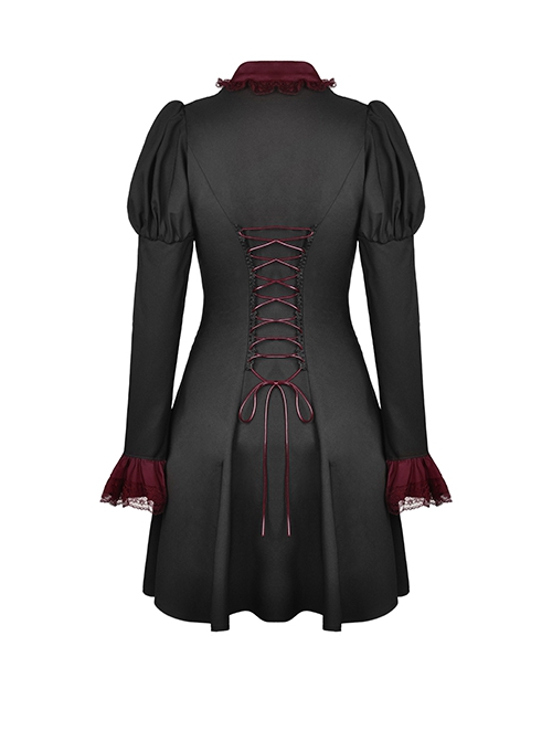 Dark Gothic Style Retro Burgundy Frill Collar Palace Puff Long Sleeves Black Slim Short Dress