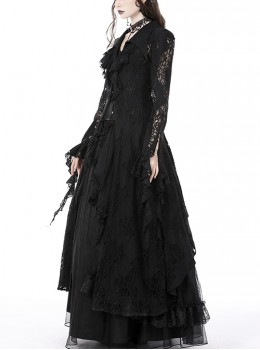 Gothic Style Retro Lapel Sexy Hollow Lace Romantic Ruffles Elegant Black Long Sleeves Smock Dress