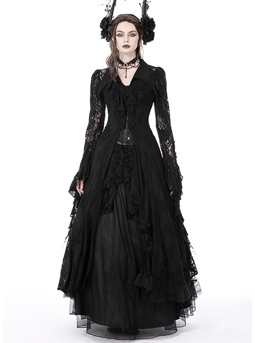 Gothic Style Retro Lapel Sexy Hollow Lace Romantic Ruffles Elegant Black Long Sleeves Smock Dress