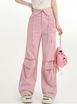 Sweet Spicy Girl Style Kawaii Fashion Casual Camping Sports Daily Commute High Waist Pink Wide Leg Straight Overalls