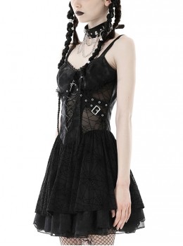 Punk Style Spider Web Gauze Dark Pattern Sexy See Through Lace Cross Decorate Black Suspender Mini Dress