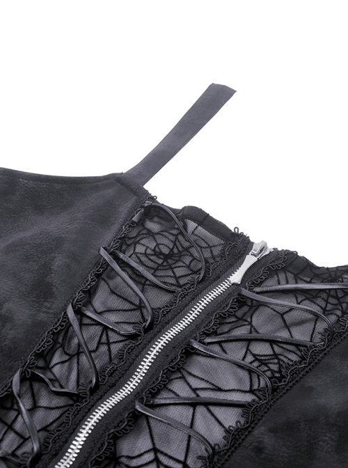 Punk Style Spider Web Gauze Dark Pattern Sexy See Through Lace Cross Decorate Black Suspender Mini Dress