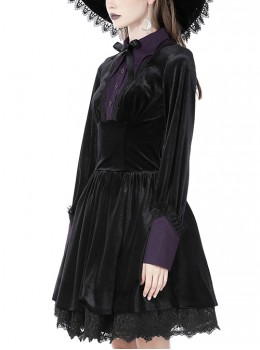 Gothic Witch Style Retro Black Velvet Purple Shirt Collar Elegant Black Long Sleeves Short Dress