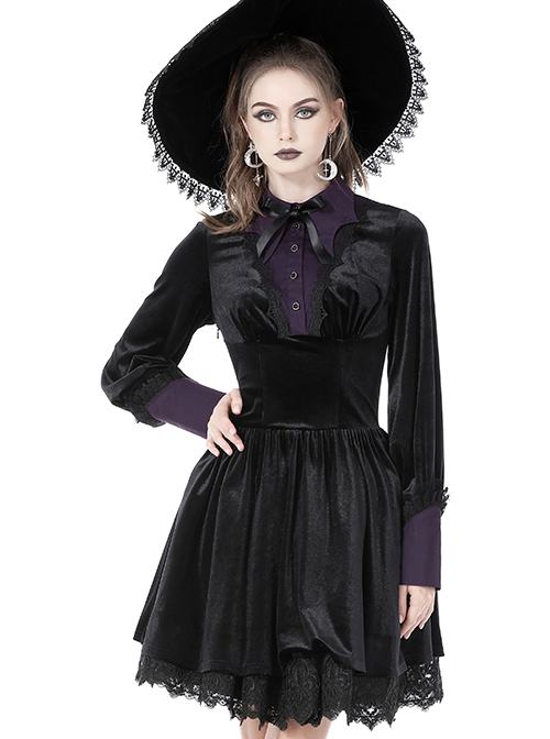 Gothic Witch Style Retro Black Velvet Purple Shirt Collar Elegant Black Long Sleeves Short Dress