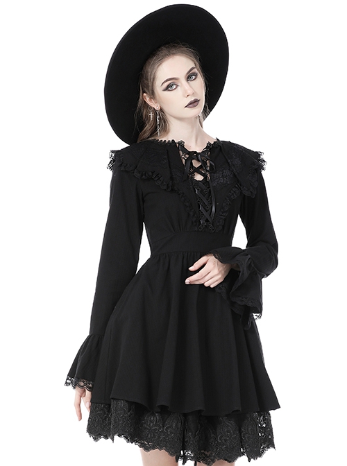 Gothic Style Unique Lace Bat Collar Design Retro Trumpet Sleeves Black Slim Pleated Dress