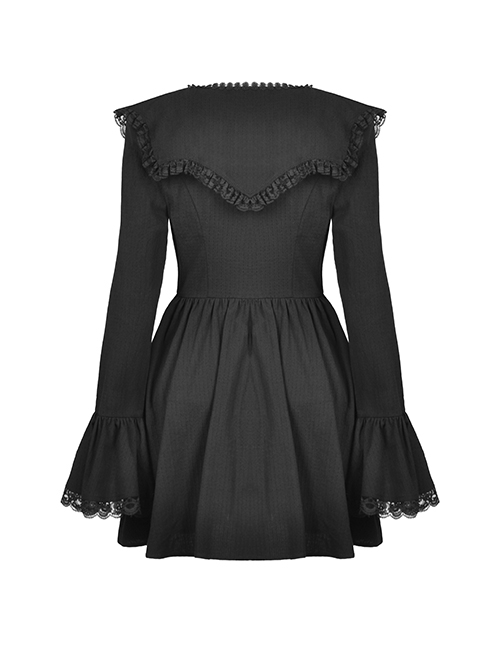 Gothic Style Unique Lace Bat Collar Design Retro Trumpet Sleeves Black Slim Pleated Dress