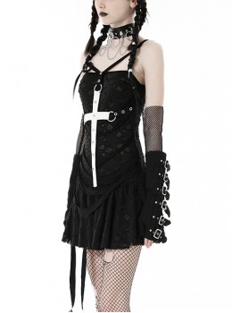 Gothic Style Ripped Hole Design White Cross Cool Rivet Decoration Black Suspender Slim Mini Dress