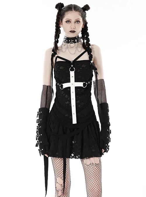 Gothic Style Ripped Hole Design White Cross Cool Rivet Decoration Black Suspender Slim Mini Dress