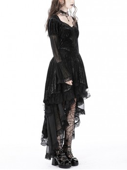 Gothic Dark Style Retro Gorgeous Velvet Lace Mesh Stitching Elegant Black Puff Long Sleeves Dress