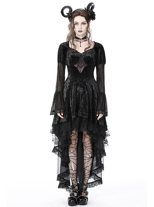 Gothic Dark Style Retro Gorgeous Velvet Lace Mesh Stitching Elegant Black Puff Long Sleeves Dress