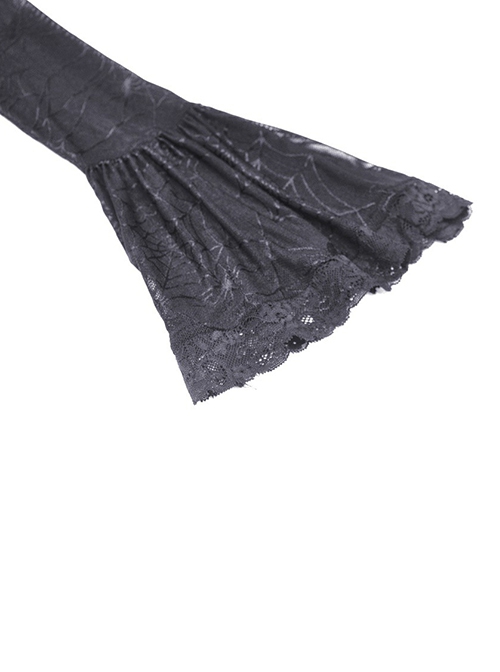 Gothic Dark Style Retro Gorgeous Velvet Lace Mesh Stitching Elegant Black Puff Long Sleeves Dress
