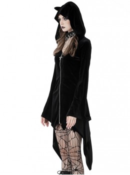 Gothic Style Unique Cat Ear Design Special Shaped Zipper Spike Hem Black Trumpet Sleeves Hooded Dress