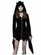 Gothic Style Unique Cat Ear Design Special Shaped Zipper Spike Hem Black Trumpet Sleeves Hooded Dress