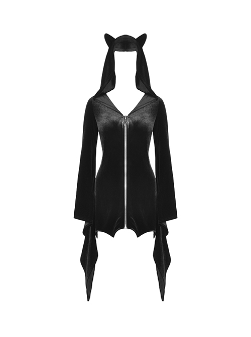 Gothic Style Unique Cat Ear Design Special Shaped Zipper Spike Hem Black Trumpet Sleeves Hooded Dress