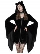 Gothic Style Unique Cat Ear Design Special Shaped Zipper Spike Hem Black Trumpet Sleeves Hooded Dress