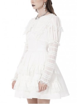 Gothic Style Unique Lace Coffin Shaped Lapels Angelic Ruffled White Long Puff Sleeves Elegant Cake Dress