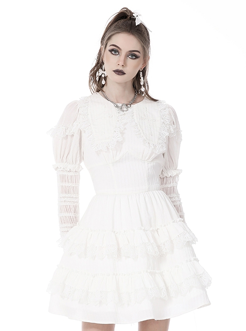 Gothic Style Unique Lace Coffin Shaped Lapels Angelic Ruffled White Long Puff Sleeves Elegant Cake Dress